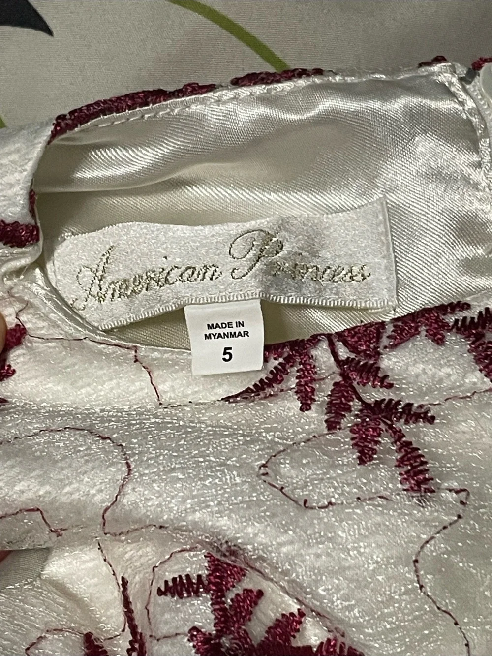 American Princess White Dress with Burgundy Floral Lace For Girls, Size 5